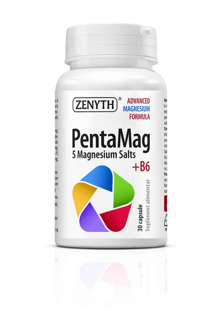 PentaMag, 5 săruri de magneziu + B6, pentru energie, sănătatea inimii și a sistemului nervos. Reduce oboseala și extenuarea. 30 capsule