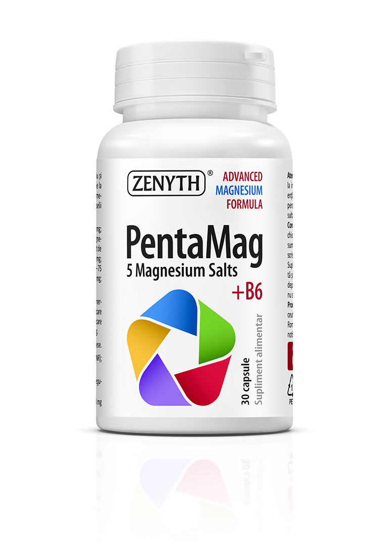 PentaMag, 5 săruri de magneziu + B6, pentru energie, sănătatea inimii și a sistemului nervos. Reduce oboseala și extenuarea. 30 capsule