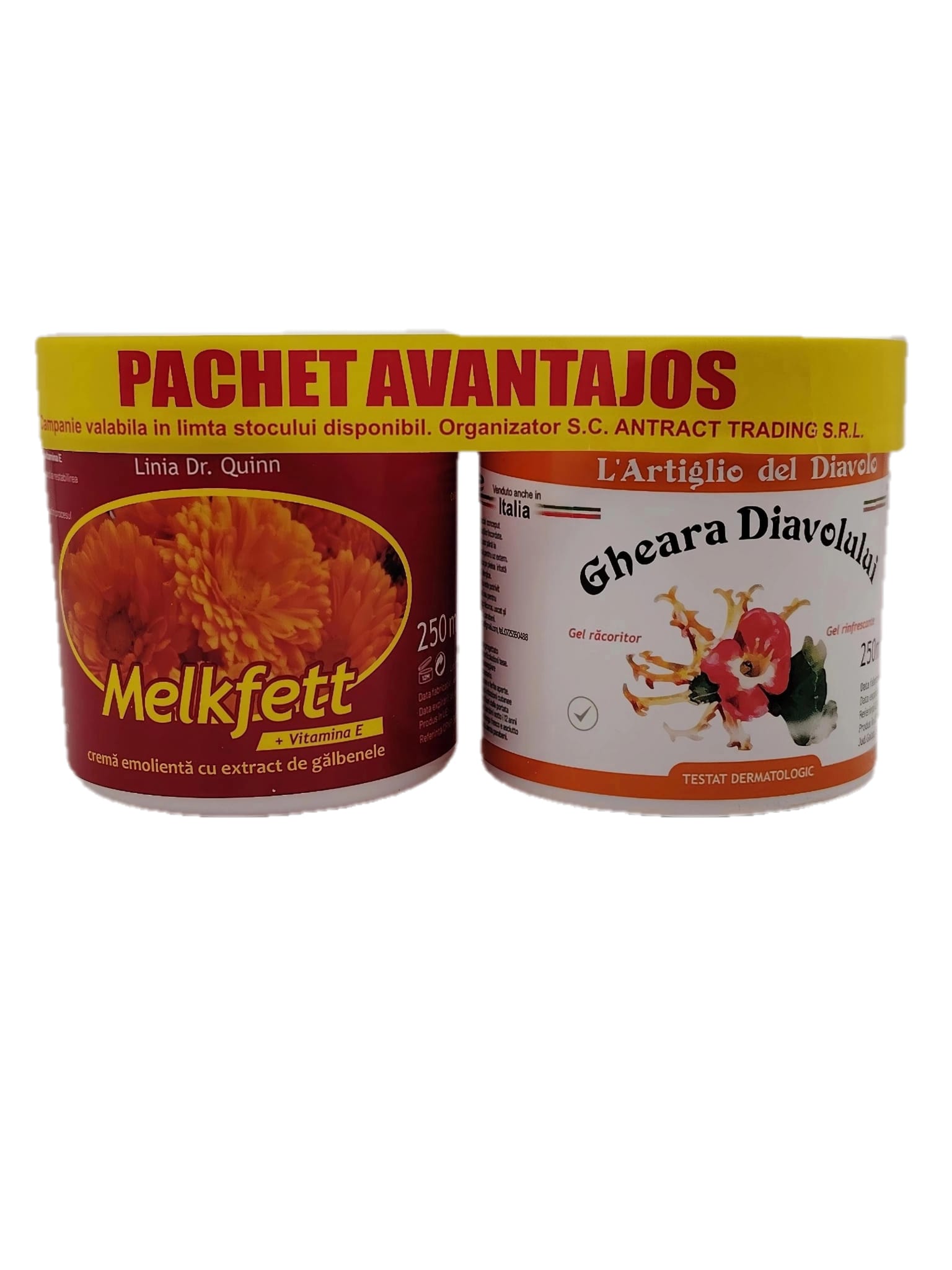 Pachet Avantajos Melkfett Crema Galbenele si Vitamina E 250 ml+Gel Racire Gheara Diavolului 250ml