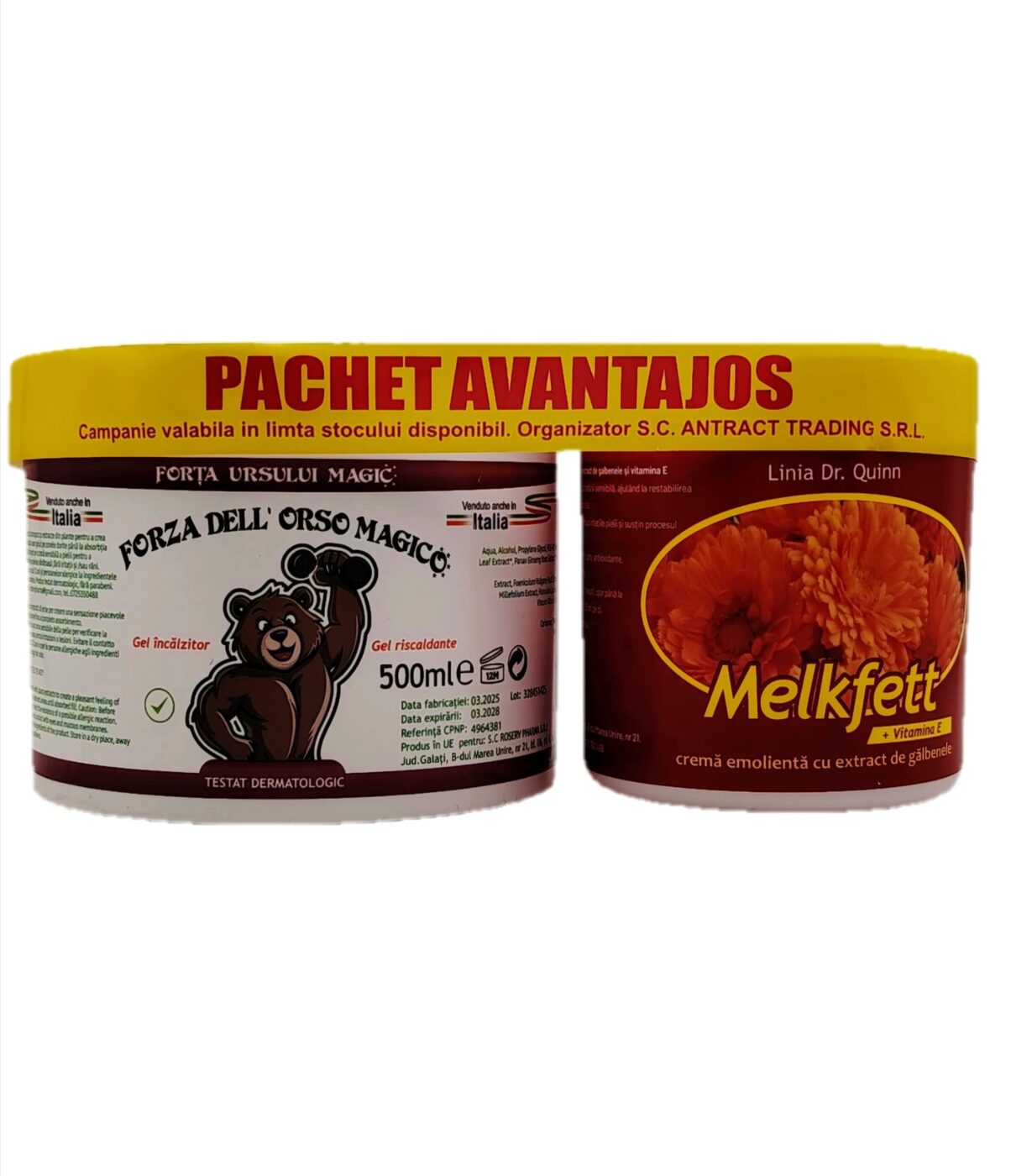 Pachet Avantajos Gel Incalzitor Forta Ursului Magic 500ml+Melkfett Crema Galbenele si Vitamina E 250 ml