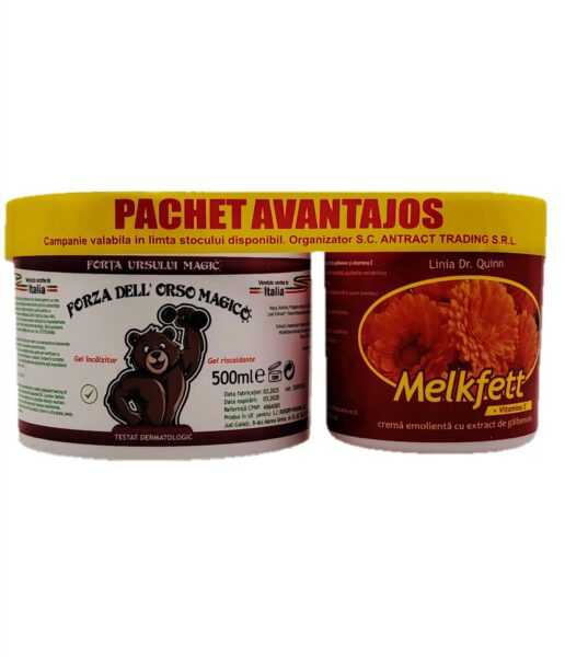Pachet Avantajos Gel Incalzitor Forta Ursului Magic 500ml+Melkfett Crema Galbenele si Vitamina E 250 ml